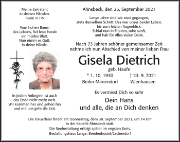 Traueranzeige von Gisela Dietrich von Cellesche Zeitung