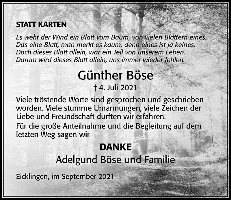  Traueranzeige für Günther Böse vom 11.09.2021 aus Cellesche Zeitung