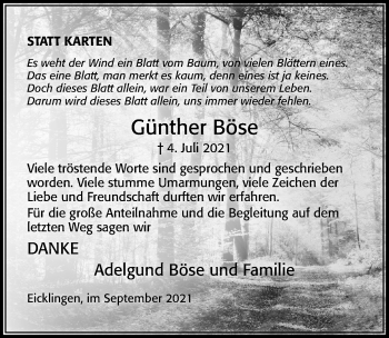 Traueranzeige von Günther Böse von Cellesche Zeitung