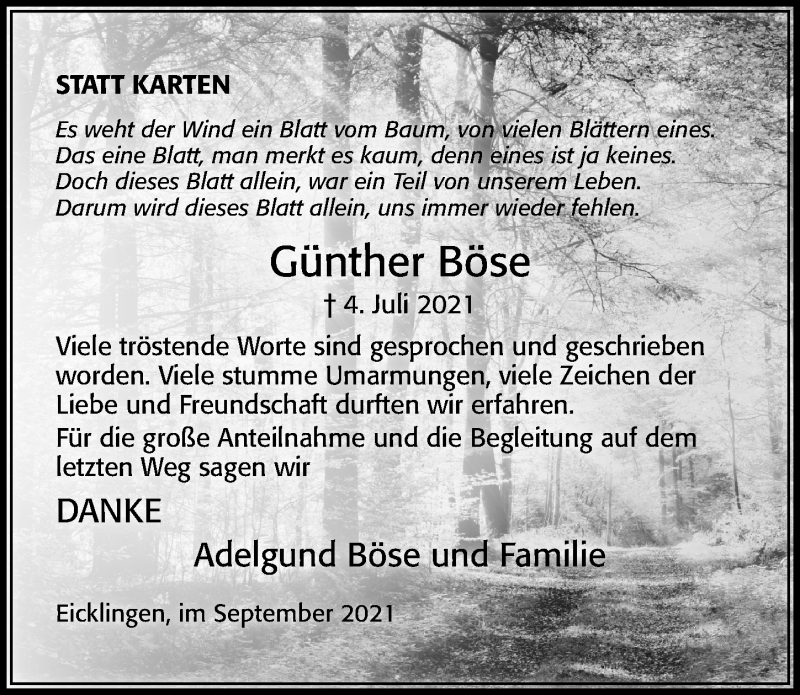  Traueranzeige für Günther Böse vom 10.09.2021 aus Cellesche Zeitung