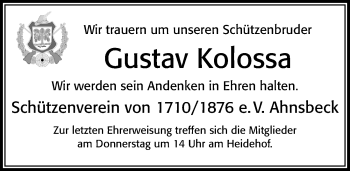 Traueranzeige von Gustav Kolossa von Cellesche Zeitung