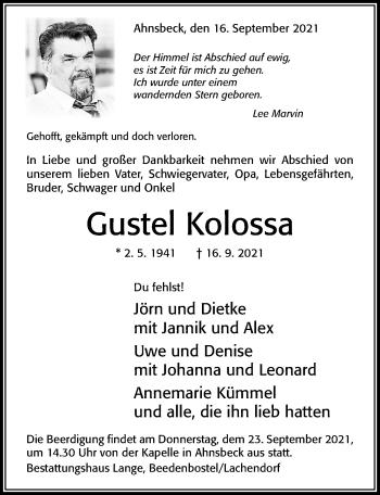 Traueranzeige von Gustel Kolossa von Cellesche Zeitung