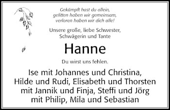 Traueranzeige von Hanne  von Cellesche Zeitung