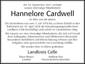 Traueranzeige von Hannelore Cardwell von Cellesche Zeitung