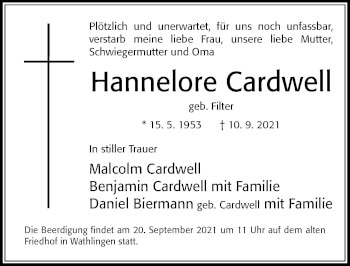 Traueranzeige von Hannelore Cardwell von Cellesche Zeitung