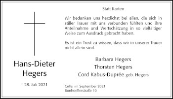 Traueranzeige von Hans-Dieter Hegers von Cellesche Zeitung