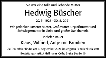 Traueranzeige von Hedwig Büscher von Cellesche Zeitung