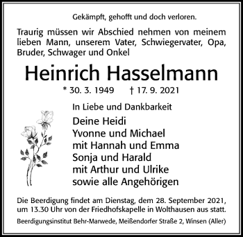 Traueranzeige von Heinrich Hasselmann von Cellesche Zeitung