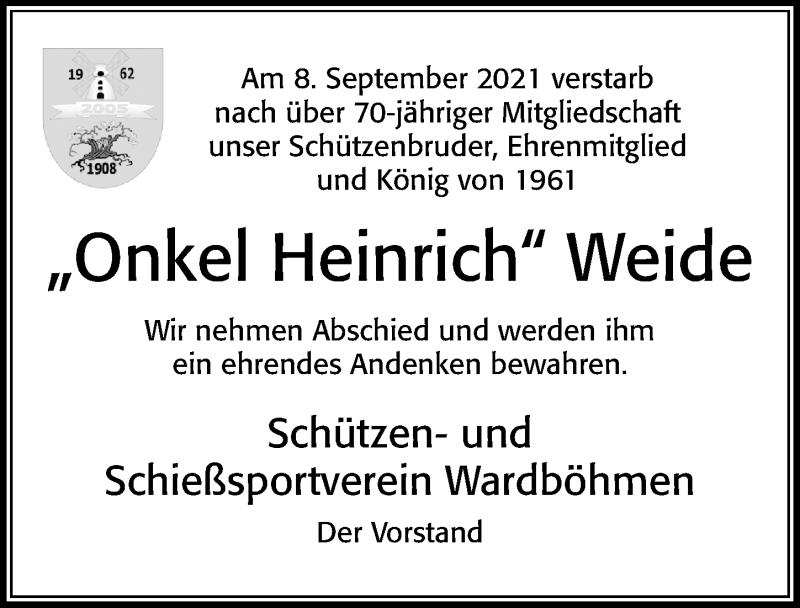  Traueranzeige für Heinrich Weide vom 11.09.2021 aus Cellesche Zeitung