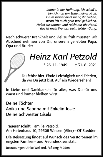 Traueranzeige von Heinz Karl Petzold von Cellesche Zeitung