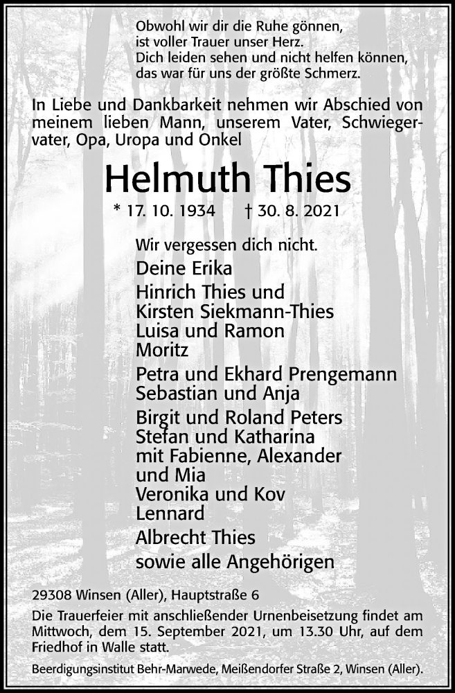  Traueranzeige für Helmuth Thies vom 04.09.2021 aus Cellesche Zeitung