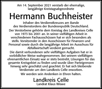 Traueranzeige von Hermann Buchheister von Cellesche Zeitung