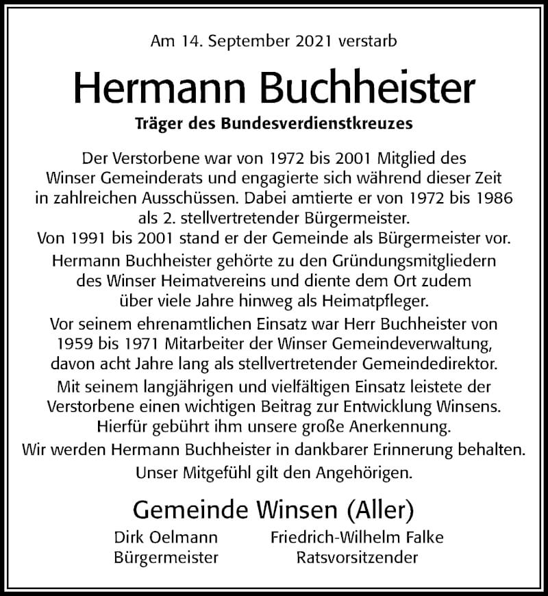  Traueranzeige für Hermann Buchheister vom 18.09.2021 aus Cellesche Zeitung