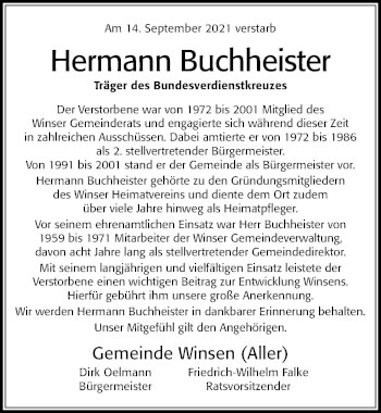 Traueranzeige von Hermann Buchheister von Cellesche Zeitung