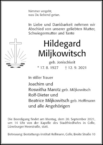 Traueranzeige von Hildegard Miljkowitsch von Cellesche Zeitung