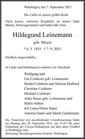 Traueranzeige von Hildegund Leinemann von Cellesche Zeitung