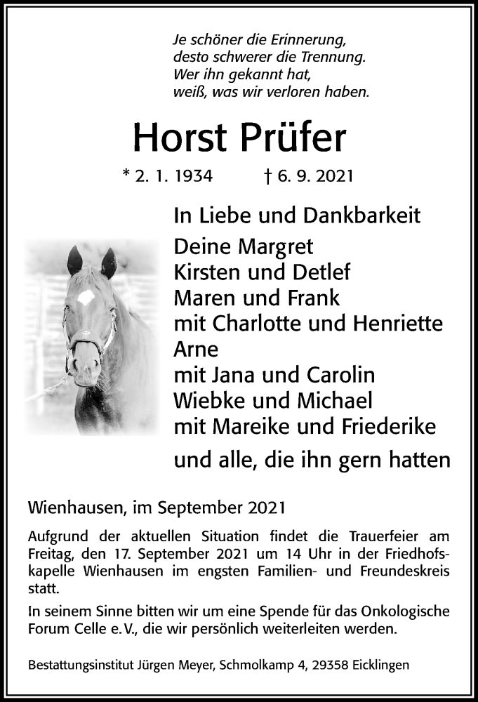  Traueranzeige für Horst Prüfer vom 11.09.2021 aus Cellesche Zeitung