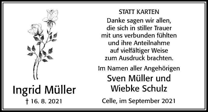  Traueranzeige für Ingrid Müller vom 25.09.2021 aus Cellesche Zeitung