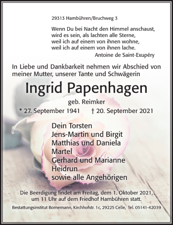 Traueranzeige von Ingrid Papenhagen von Cellesche Zeitung