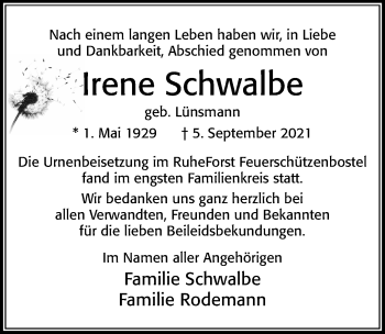 Traueranzeige von Irene Schwalbe von Cellesche Zeitung