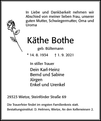 Traueranzeige von Käthe Bothe von Cellesche Zeitung