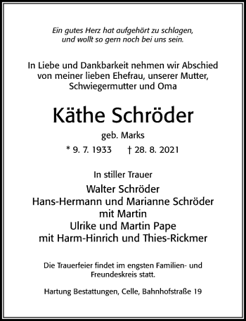 Traueranzeige von Käthe Schröder von Cellesche Zeitung