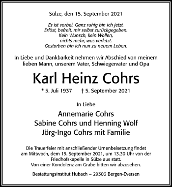 Traueranzeige von Karl Heinz Cohrs von Cellesche Zeitung