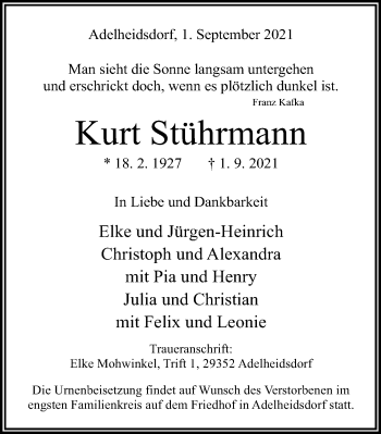 Traueranzeige von Kurt Stührmann von Cellesche Zeitung