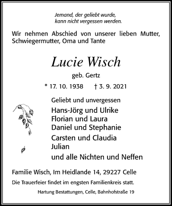 Traueranzeige von Lucie Wisch von Cellesche Zeitung