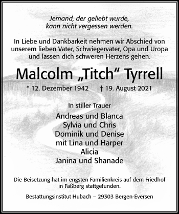 Traueranzeige von Malcolm Tyrrell von Cellesche Zeitung