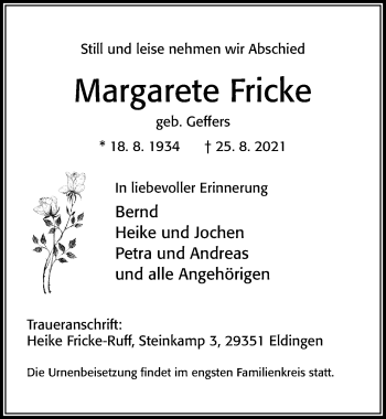 Traueranzeige von Margarete Fricke von Cellesche Zeitung