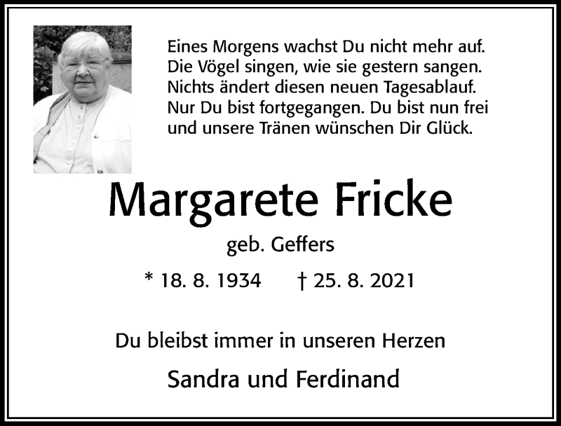  Traueranzeige für Margarete Fricke vom 04.09.2021 aus Cellesche Zeitung