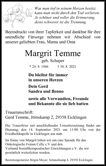 Traueranzeige von Margrit Temme von Cellesche Zeitung