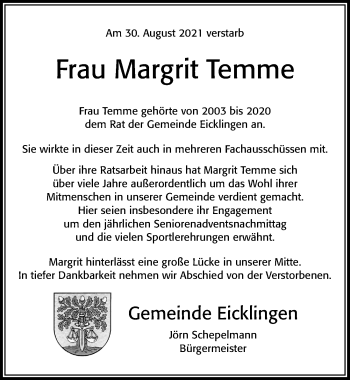 Traueranzeige von Margrit Temme von Cellesche Zeitung