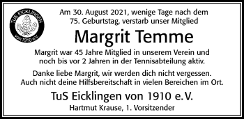 Traueranzeige von Margrit Temme von Cellesche Zeitung