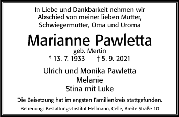 Traueranzeige von Marianne Pawletta von Cellesche Zeitung