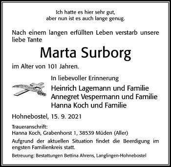 Traueranzeige von Marta Surborg von Cellesche Zeitung