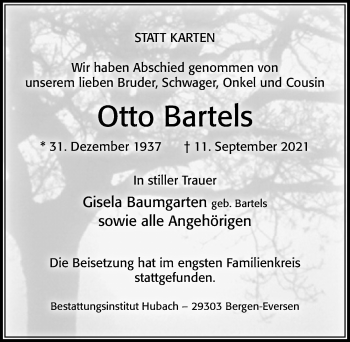 Traueranzeige von Otto Bartels von Cellesche Zeitung