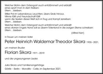 Traueranzeige von Peter Heinrich Waldemar Theodor Sikora von Cellesche Zeitung