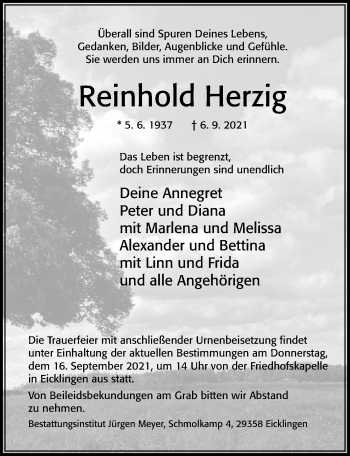 Traueranzeige von Reinhold Herzig von Cellesche Zeitung