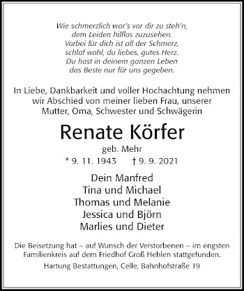 Traueranzeige von Renate Körfer von Cellesche Zeitung