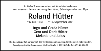 Traueranzeige von Roland Hütter von Cellesche Zeitung