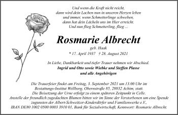 Traueranzeige von Rosmarie Albrecht von Cellesche Zeitung