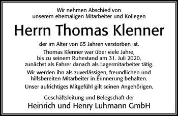 Traueranzeige von Thomas Klenner von Cellesche Zeitung