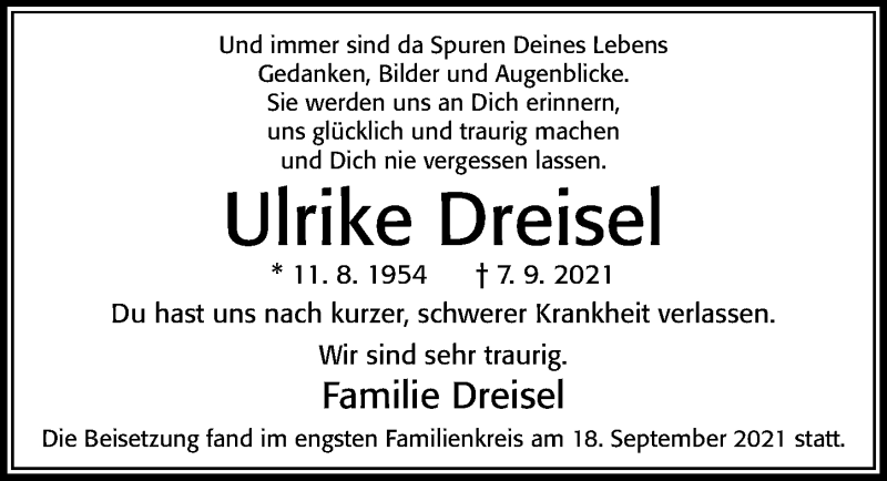  Traueranzeige für Ulrike Dreisel vom 25.09.2021 aus Cellesche Zeitung