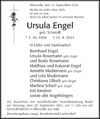 Traueranzeige von Ursula Engel von Cellesche Zeitung