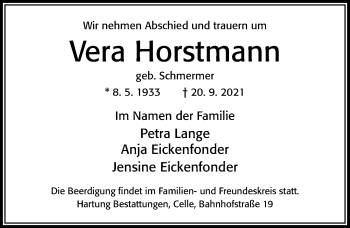 Traueranzeige von Vera Horstmann von Cellesche Zeitung