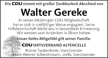 Traueranzeige von Walter Gereke von Cellesche Zeitung