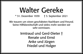 Traueranzeige von Walter Gereke von Cellesche Zeitung