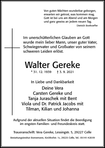 Traueranzeige von Walter Gereke von Cellesche Zeitung